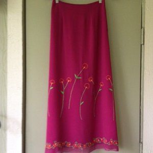 Johnny Was Silk maxi Column skirt lined embroidered floral pink red XS